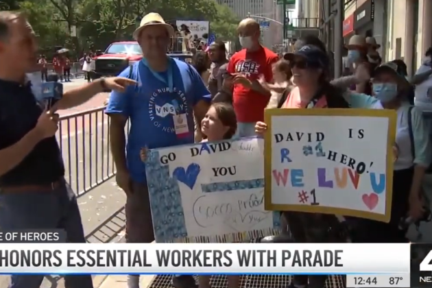 Image of WNBC Anchor interviewing VNSNY Physical Therapists at New York's Hometown Heroes Parade