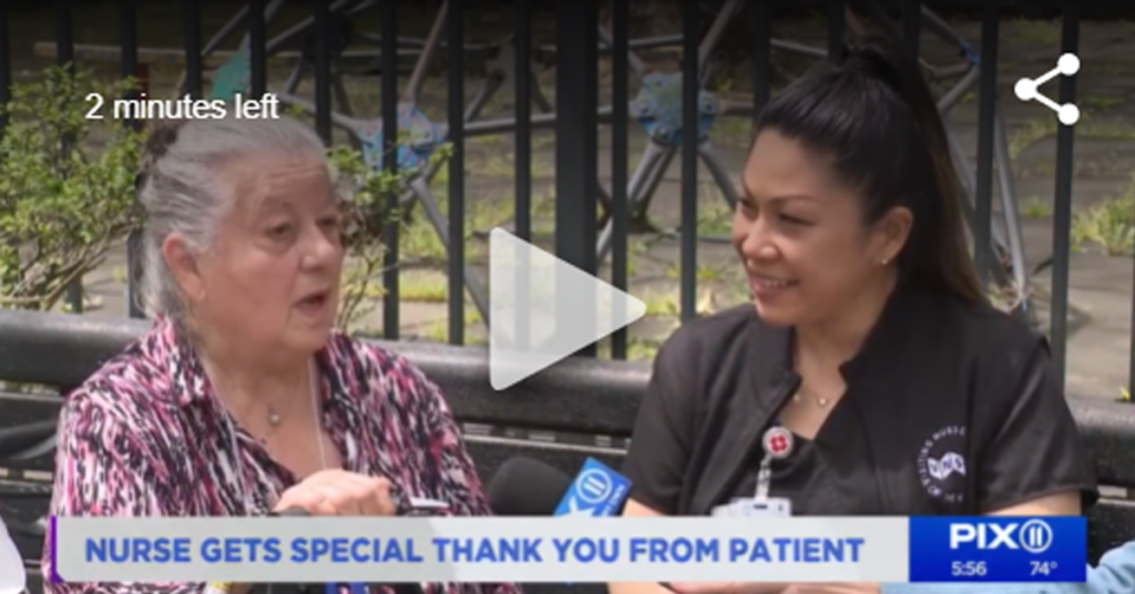 Photo of a video thumbnail of VNS Health Nurse Laura Lau receiving special recognition from a patient