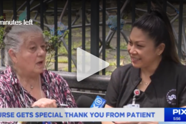 Photo of a video thumbnail of VNS Health Nurse Laura Lau receiving special recognition from a patient